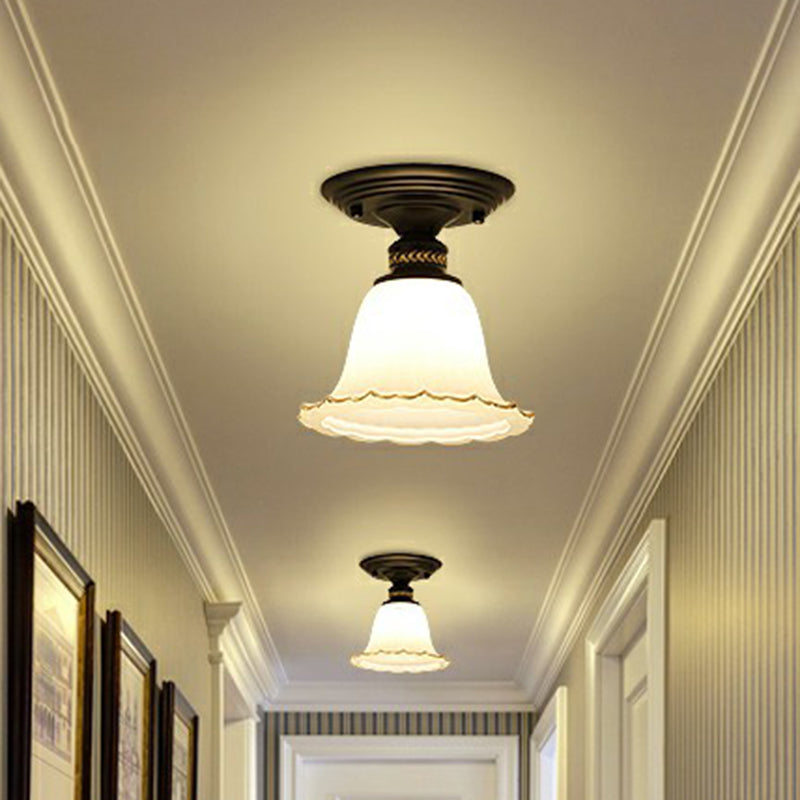 Vintage Ivory Glass Flared Ceiling Light With 1 Bulb - Semi Mount Black Fixture