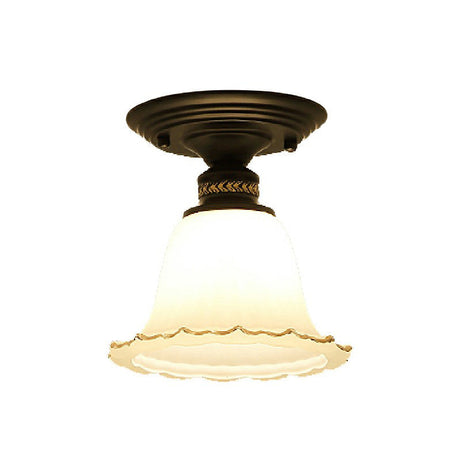 Vintage Ivory Glass Flared Ceiling Light With 1 Bulb - Semi Mount Black Fixture