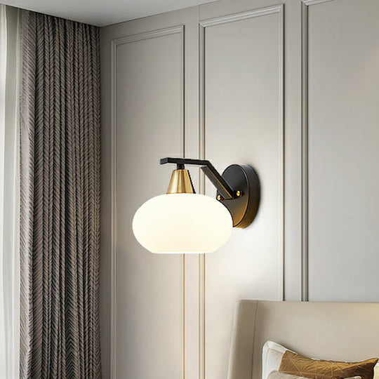Minimalist White Glass Ellipse Wall Light Fixture - Single Black Sconce For Bedroom