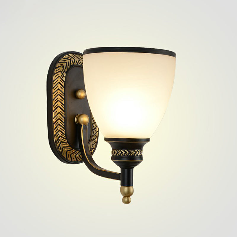 Vintage Bell Wall Sconce Lighting With Opal Glass Shade - Black Corridor Mounted Lamp