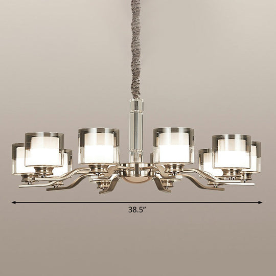 Modern Chrome Restaurant Chandelier With Cylindrical Frosted And Smoke Grey Glass