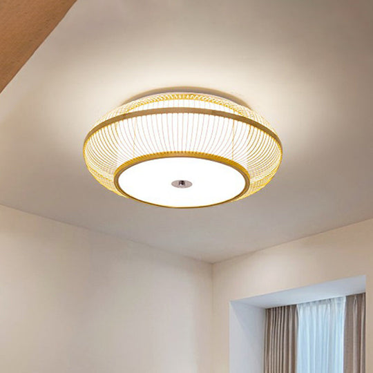 Minimalistic Round Bamboo Flushmount Ceiling Light - Single - Head Aisle Fixture With Natural Wood
