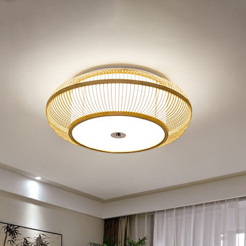 Minimalistic Round Bamboo Flushmount Ceiling Light - Single - Head Aisle Fixture With Natural Wood