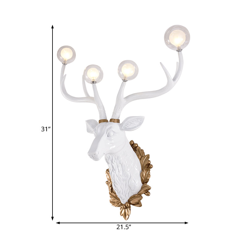 Vintage White/Gold Deer Sconce Lamp With Glass Shade - Set Of 4 Bulbs 17/21.5 W
