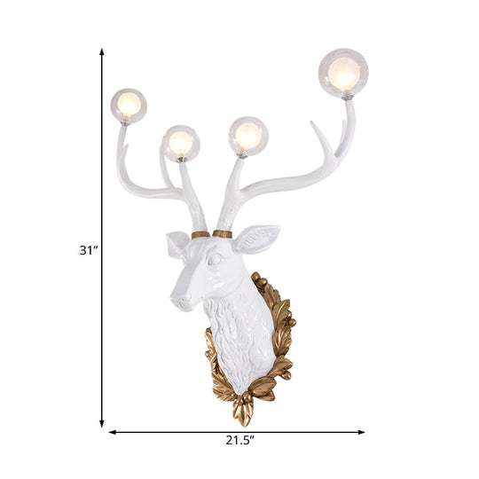 Vintage White/Gold Deer Sconce Lamp With Glass Shade - Set Of 4 Bulbs 17/21.5 W