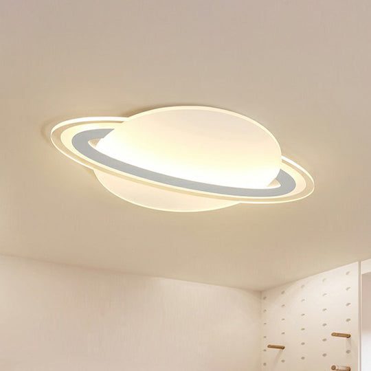 Minimalist Led Flush Lamp For Kid’s Bedroom: Ringed Planet Ceiling Light In White / 12’ Warm