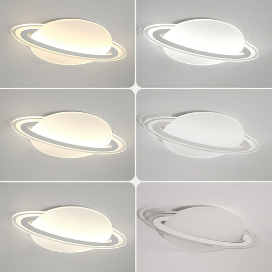 Minimalist Led Flush Lamp For Kids Bedroom: Ringed Planet Ceiling Light In White / 12 Remote Control