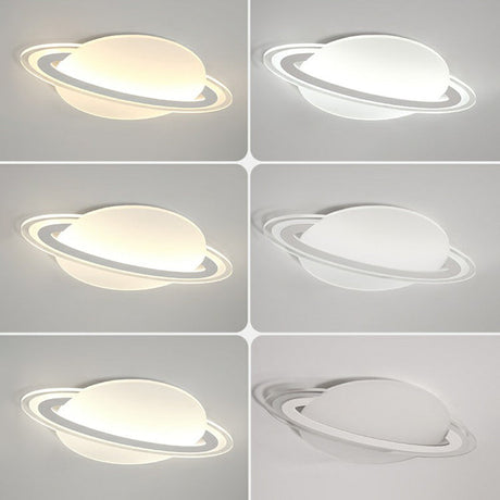 Minimalist Led Flush Lamp For Kid’s Bedroom: Ringed Planet Ceiling Light In White / 12’ Remote