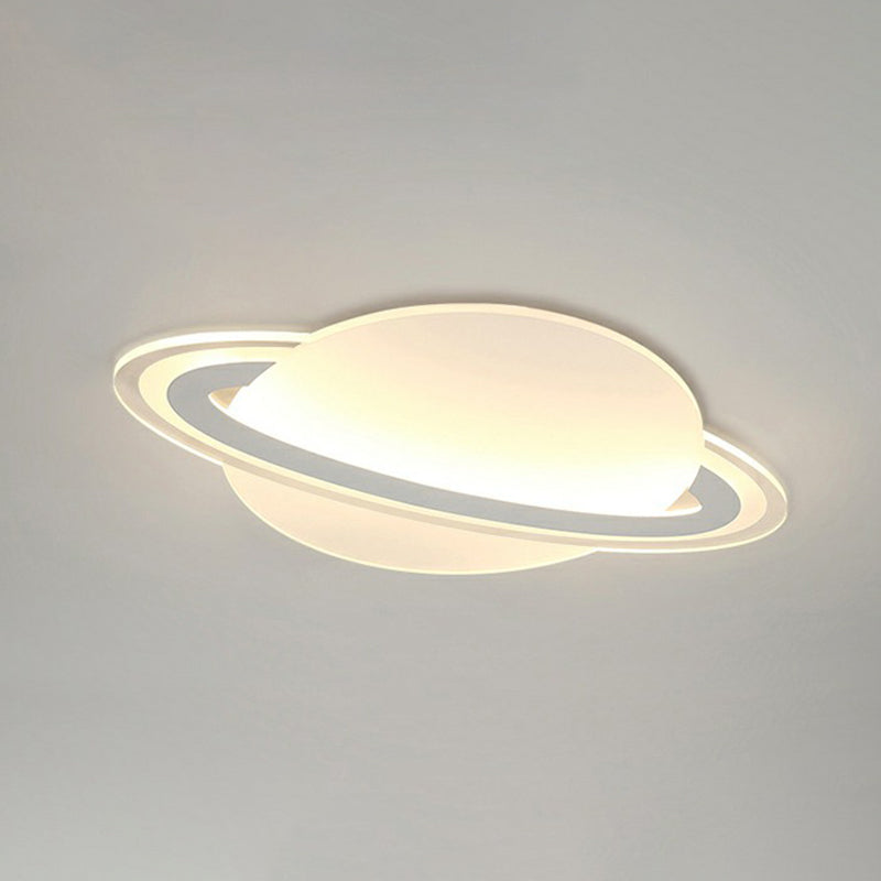 Minimalist Led Flush Lamp For Kid’s Bedroom: Ringed Planet Ceiling Light In White