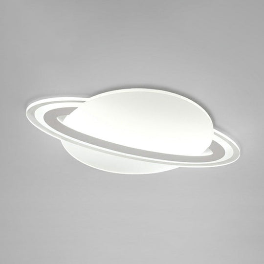 Minimalist Led Flush Lamp For Kids Bedroom: Ringed Planet Ceiling Light In White / 12