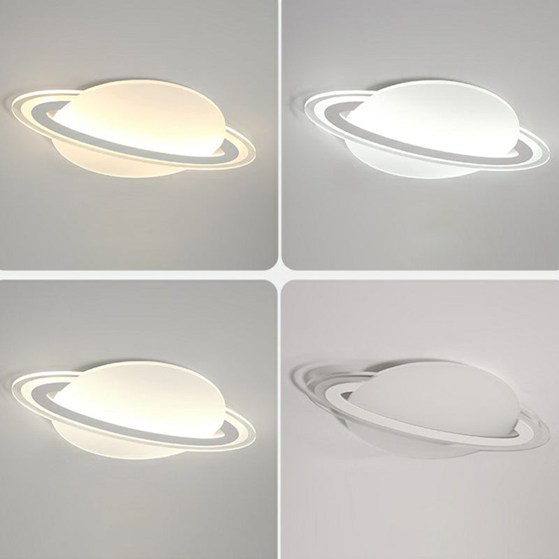 Minimalist Led Flush Lamp For Kid’s Bedroom: Ringed Planet Ceiling Light In White / 12’ Third Gear