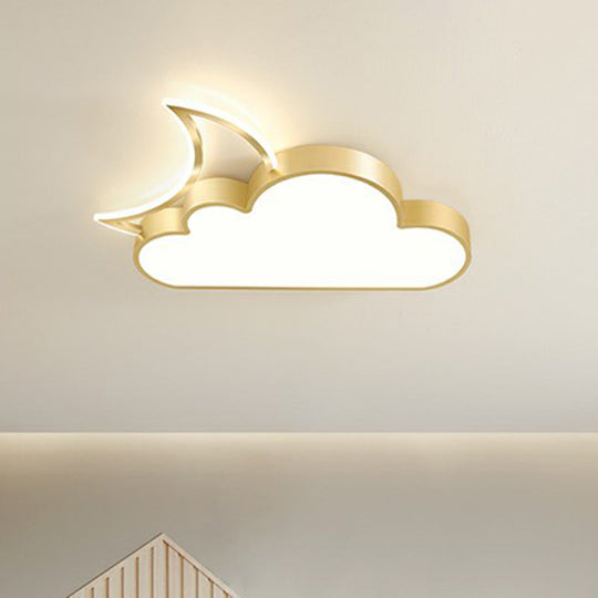 Childrens Metal Moon And Cloud Led Ceiling Fixture For Bedroom - Flush Mount Light