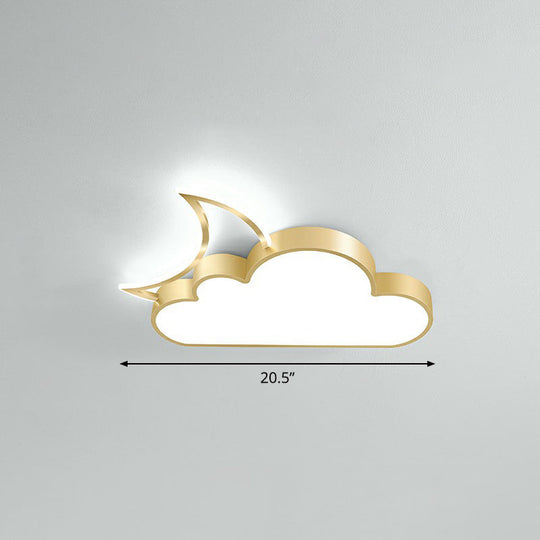 Childrens Metal Moon And Cloud Led Ceiling Fixture For Bedroom - Flush Mount Light Gold / 20.5 White
