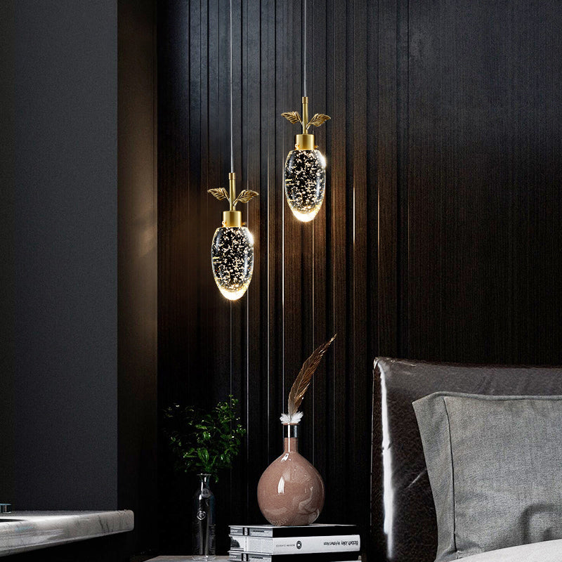 Golden Seedy Crystal Led Pendant Light For Bedroom - Simple Style Suspension Lamp