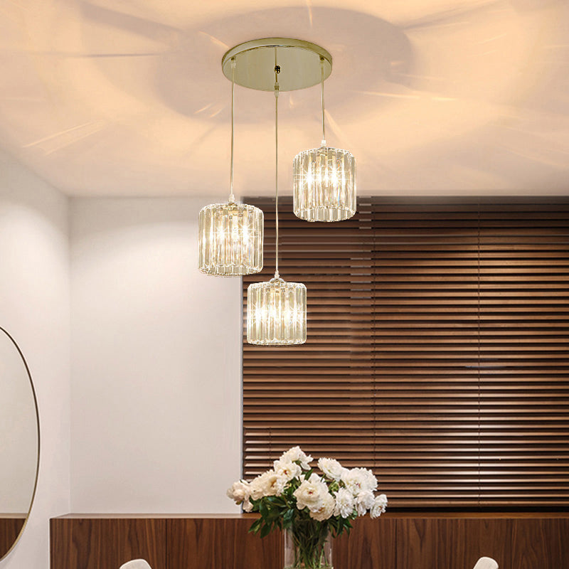 Crystal Shade Pendant Cluster Light - Minimalist 3-Head Cylindrical Hanging Fixture For Dining Room