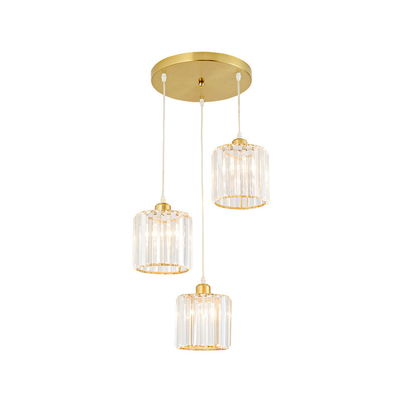 Crystal Shade Pendant Cluster Light - Minimalist 3-Head Cylindrical Hanging Fixture For Dining Room