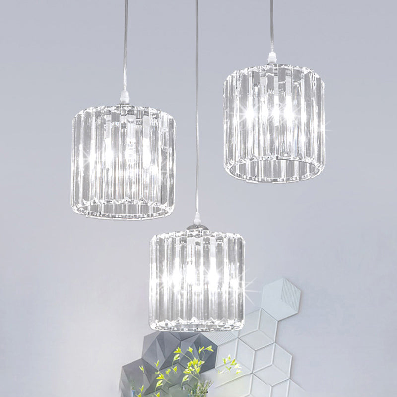 Crystal Shade Pendant Cluster Light - Minimalist 3-Head Cylindrical Hanging Fixture For Dining Room