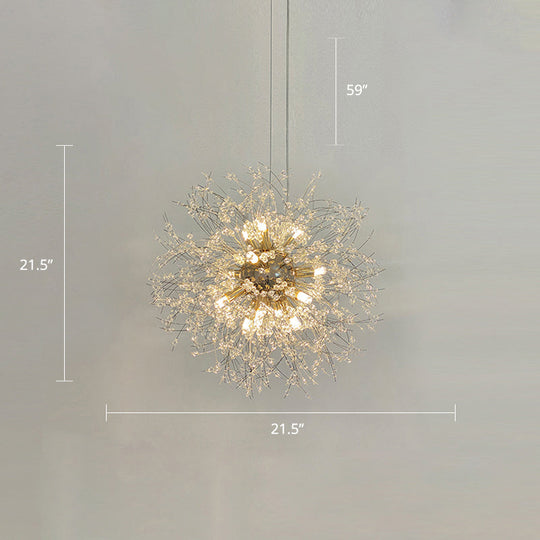 Stylish Dandelion Chandelier With Clear Crystal Beads - Modern Led Ceiling Light For Bedroom Brass