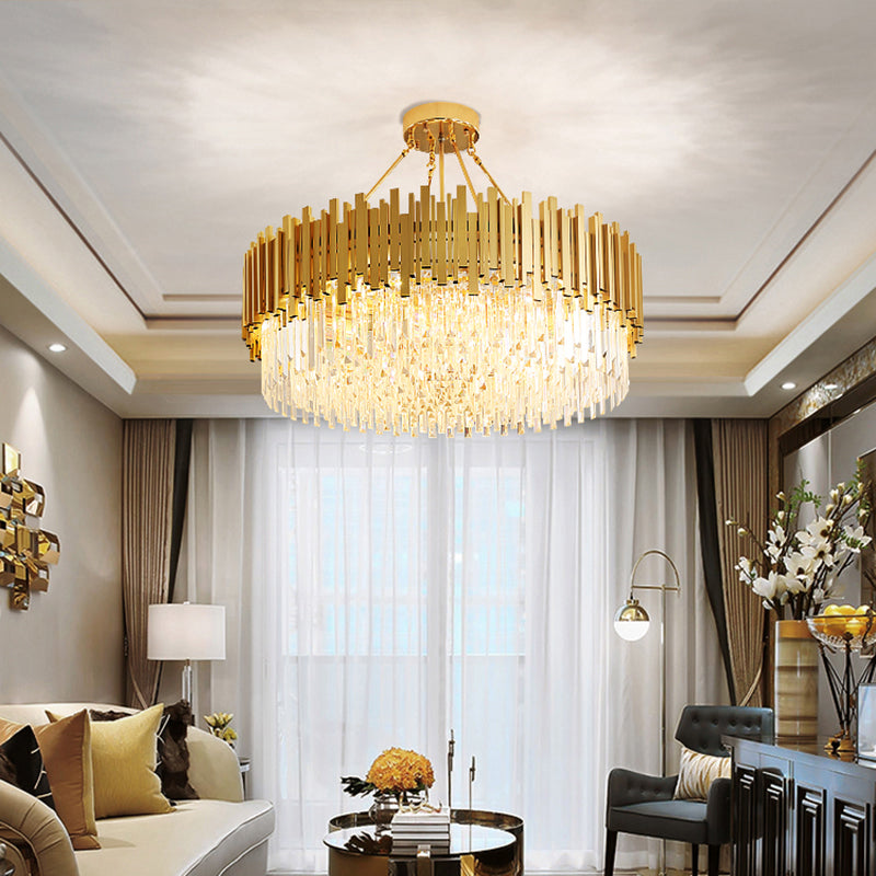 Minimalist Gold Living Room Chandelier With Crystal Drum Shade- 6 Lights Pendant Light