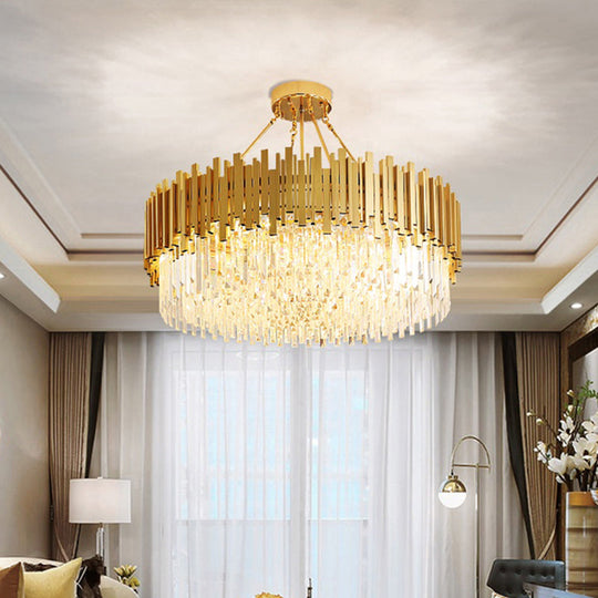 Minimalist Gold Chandelier - 6-Light Drum Crystal Pendant For Living Room Ceiling