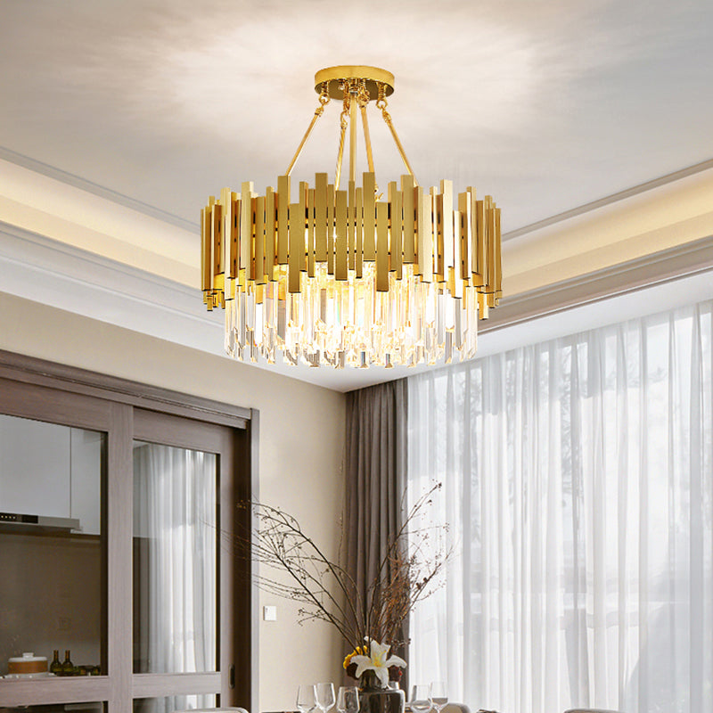 Minimalist Gold Living Room Chandelier With Crystal Drum Shade- 6 Lights Pendant Light