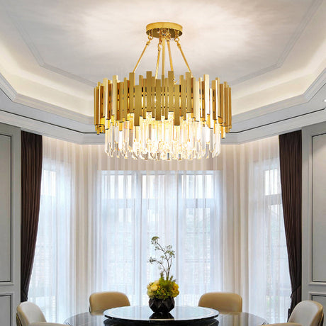 Minimalist Gold Living Room Chandelier With Crystal Drum Shade- 6 Lights Pendant Light
