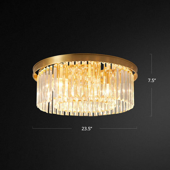 Prismatic Crystal Drum Flushmount Brass Ceiling Light For Living Room / 23.5