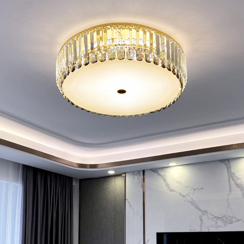 Crystal Led Flush-Mount Ceiling Light With Brass Finish Drum Shape - Simplistic Elegance