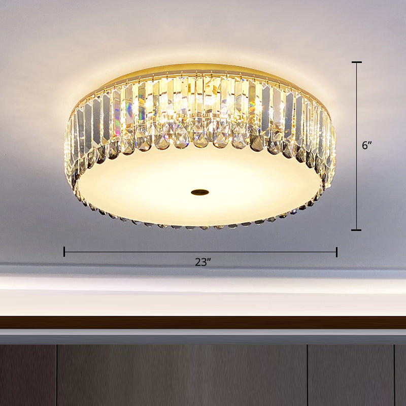 Crystal Led Flush - Mount Ceiling Light With Brass Finish Drum Shape - Simplistic Elegance / 23’