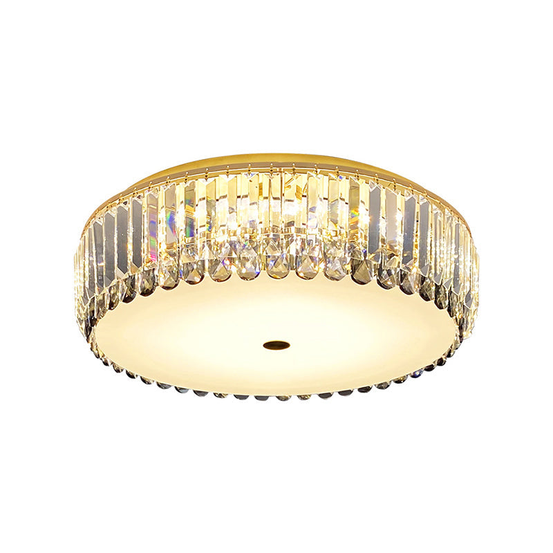 Crystal Led Flush - Mount Ceiling Light With Brass Finish Drum Shape - Simplistic Elegance