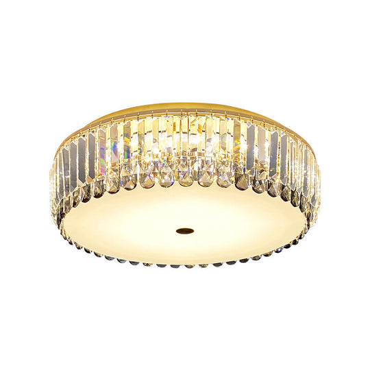 Crystal Led Flush - Mount Ceiling Light With Brass Finish Drum Shape - Simplistic Elegance