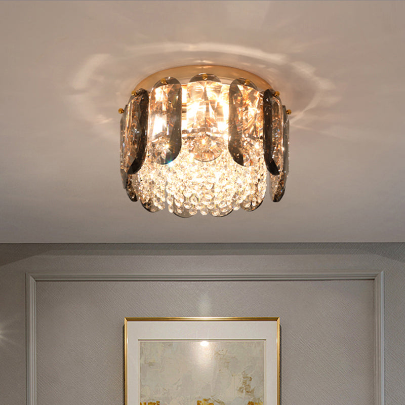 Modern 3-Light Brass Drum Flushmount Crystal Ceiling Light For Corridor