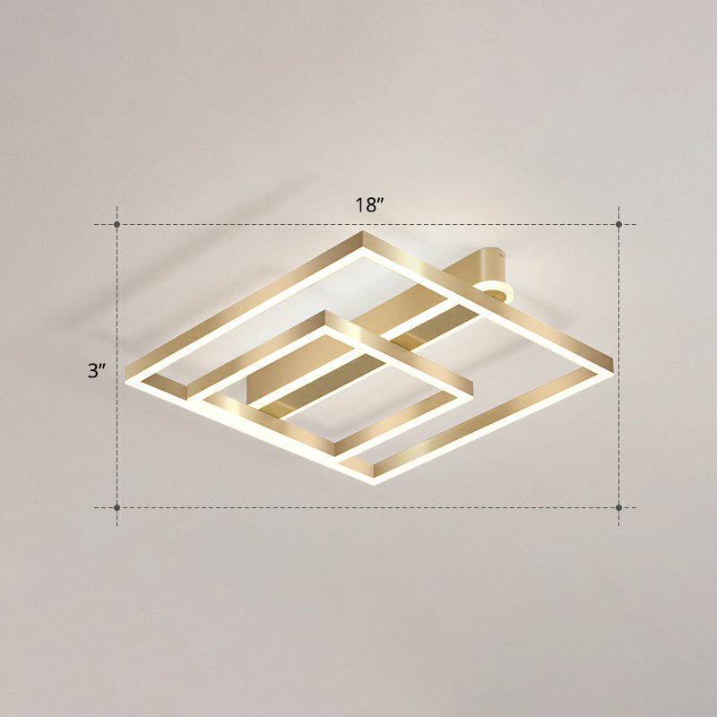 Minimalist Square Led Flush Ceiling Light In Gold For Bedroom / White Double Ring