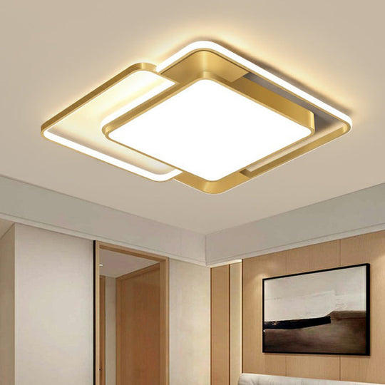 Modern Gold Led Flushmount Ceiling Light For Bedroom - Simple Square Design