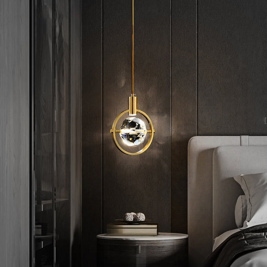 Minimalist Golden Crystal Ball Led Suspension Light For Bedroom - Beveled K9 Hanging Lamp
