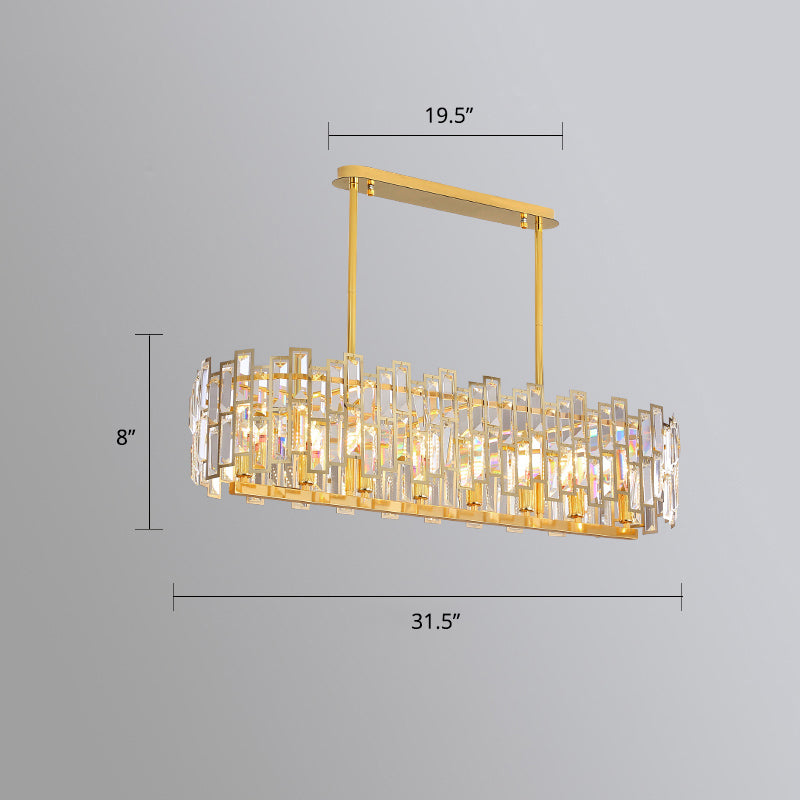 Modern Gold Drum Pendant Lamp With Crystal Rods - Tri-Sided Bedroom Chandelier Light / 31.5’’