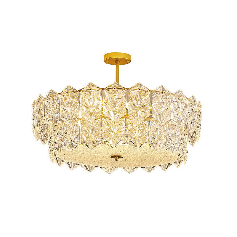 Gold Minimalist Chandelier With Crystal Hexagonal Shade - Living Room Ceiling Suspension Lamp