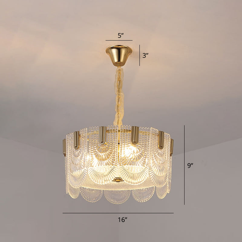 Modern Clear Glass Chandelier: Round Pendant Ceiling Lamp With Elegant Scalloped Edge / 16’