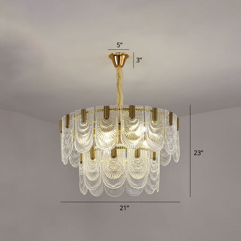 Modern Clear Glass Chandelier: Round Pendant Ceiling Lamp With Elegant Scalloped Edge / 21’
