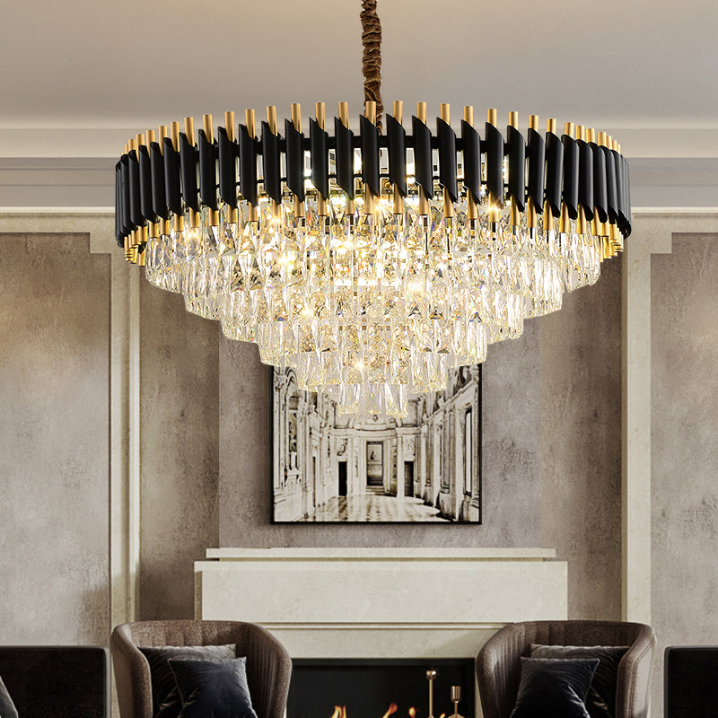 Modern Black Conical Pendant Lamp With Opulent K9 Crystal Prism Chandelier - Perfect For Restaurants
