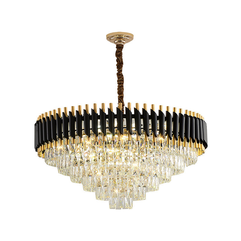 Modern Black Conical Pendant Lamp With Opulent K9 Crystal Prism Chandelier - Perfect For Restaurants