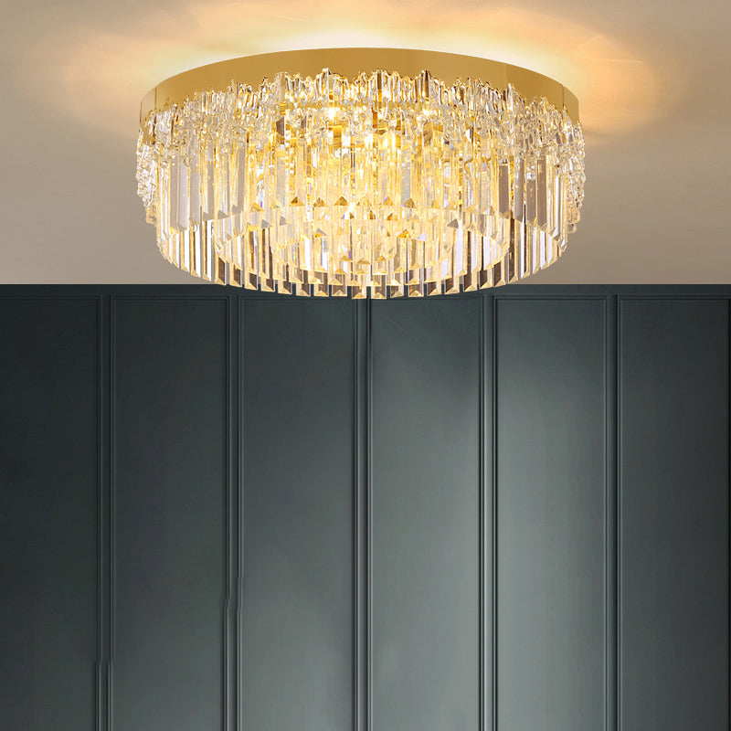 Modern Crystal Gold Flush Mount Light With Tri-Sided Drum Shape / 23.5
