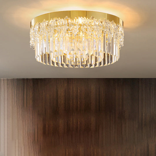 Modern Crystal Gold Flush Mount Light With Tri-Sided Drum Shape / 19