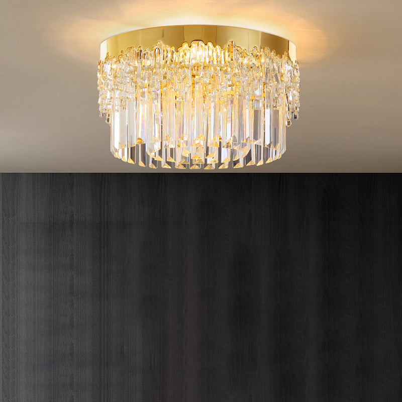 Modern Crystal Gold Flush Mount Light With Tri-Sided Drum Shape / 14