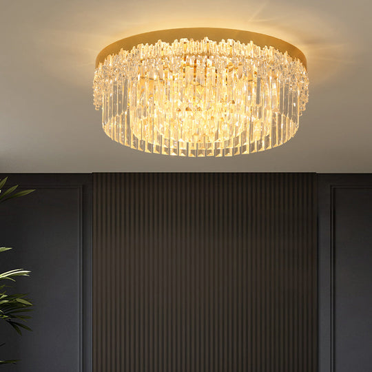 Modern Crystal Gold Flush Mount Light With Tri - Sided Drum Shape