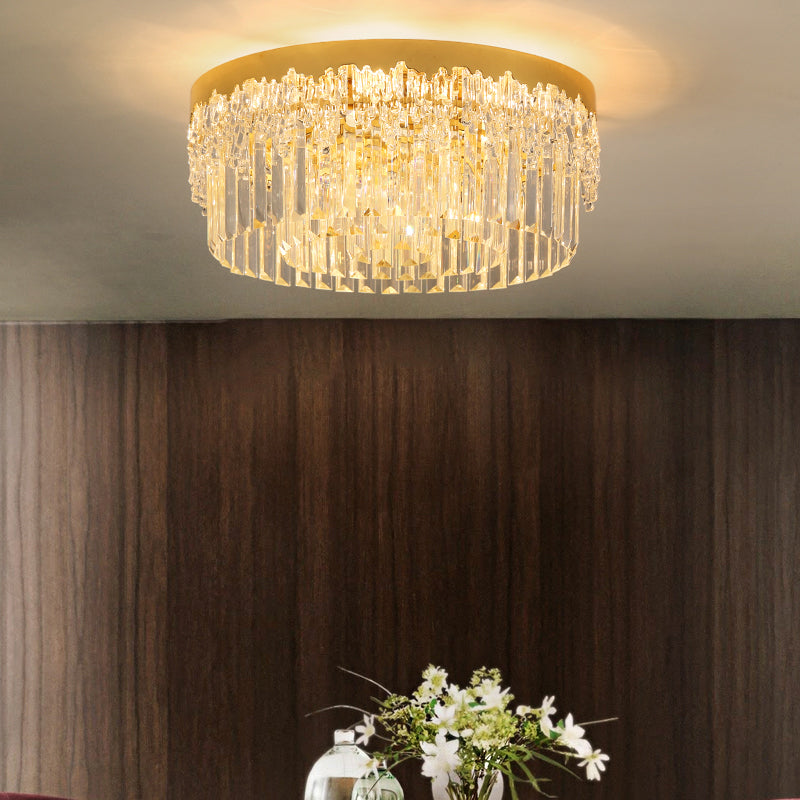 Modern Crystal Gold Flush Mount Light With Tri - Sided Drum Shape