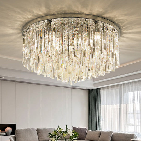 Modern Round Flushmount Bedroom Ceiling Light With Clear Crystal Icicles