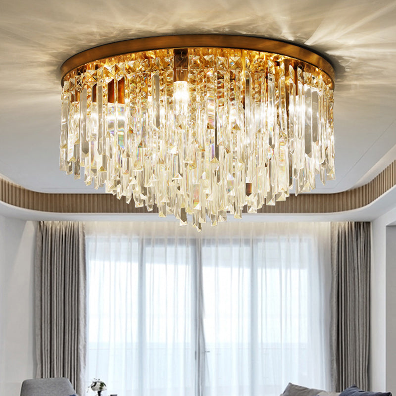 Modern Round Flushmount Bedroom Ceiling Light With Clear Crystal Icicles
