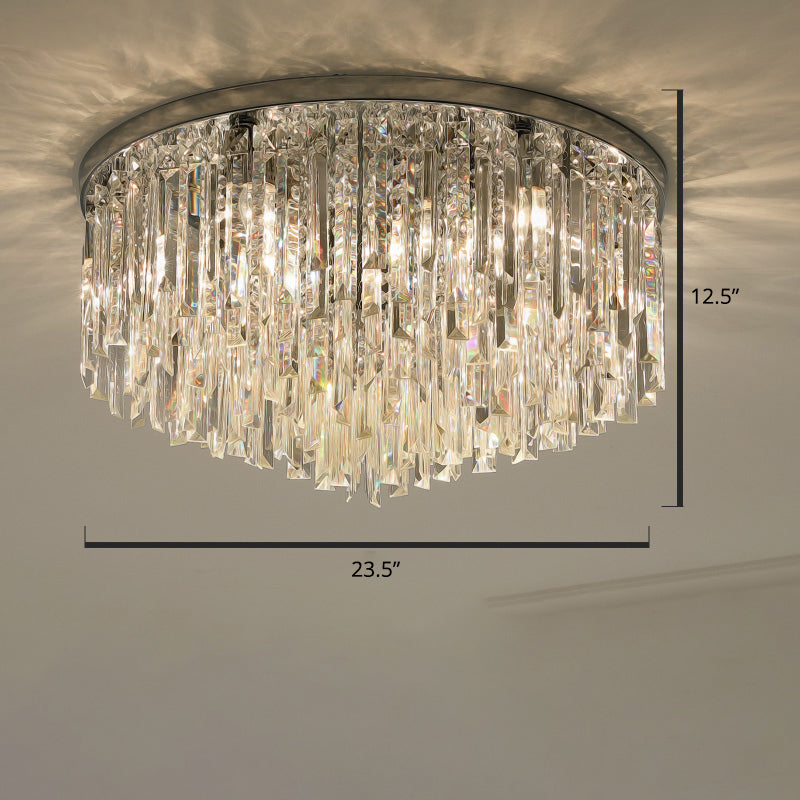 Modern Round Flushmount Bedroom Ceiling Light With Clear Crystal Icicles Chrome / 23.5