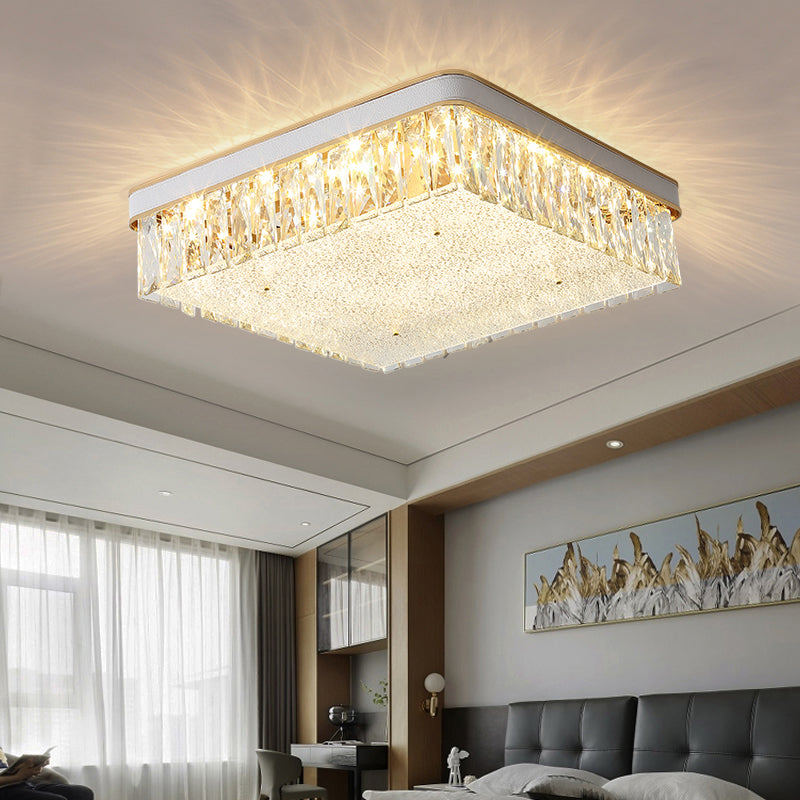 Sleek Led Flush Mount Fixture With Geometric Shape K9 Crystal Bedroom Ceiling Light